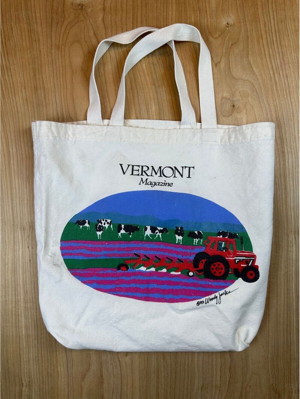 Vintage 80s Woody Jackson Vermont Magazine tote bag cows tractor farm art